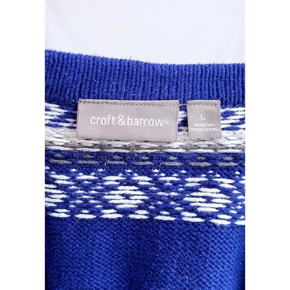 Vintage Retro Fair Isle Blue + White Printed Zip Up Knit Cardigan Sweater - Picture 10 of 12